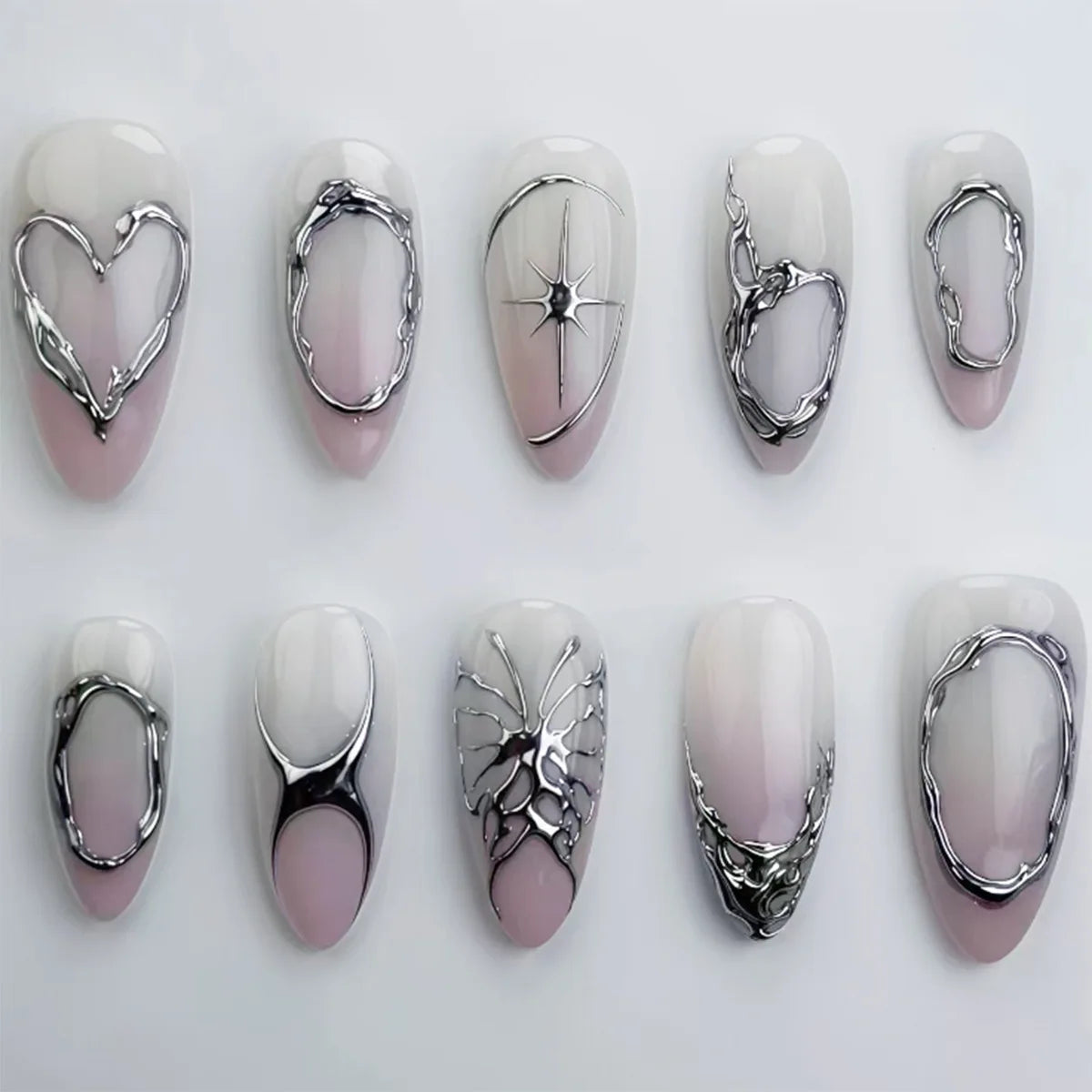 Blush Pink French Fade Nails With Sculptural Silver Chrome Hearts
