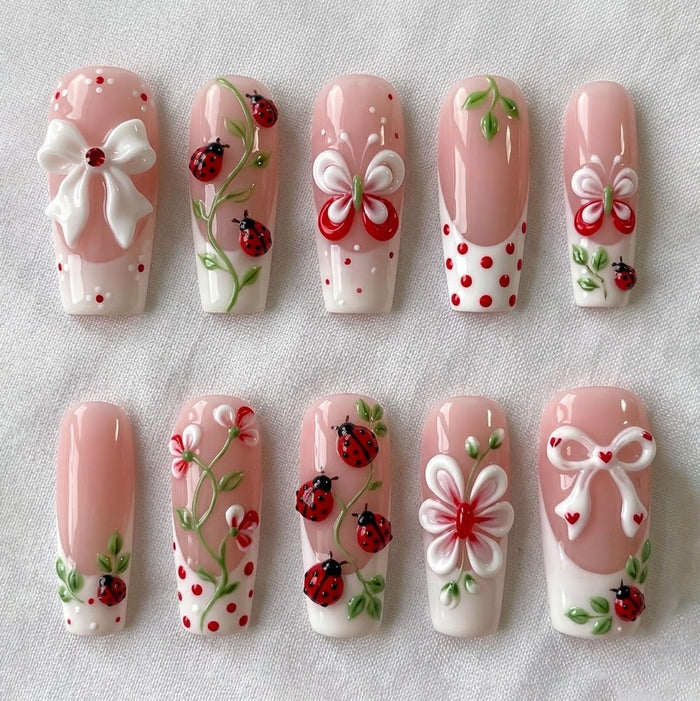 Blush Pink French Tip Press On Nail Set with 3D Flowers, Bows and Ladybugs