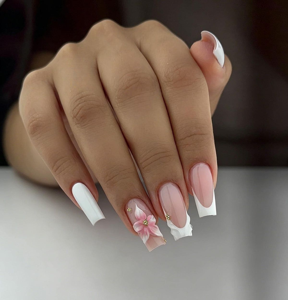 Blush Pink French Tip Nails With 3D Flower and Gold Accents