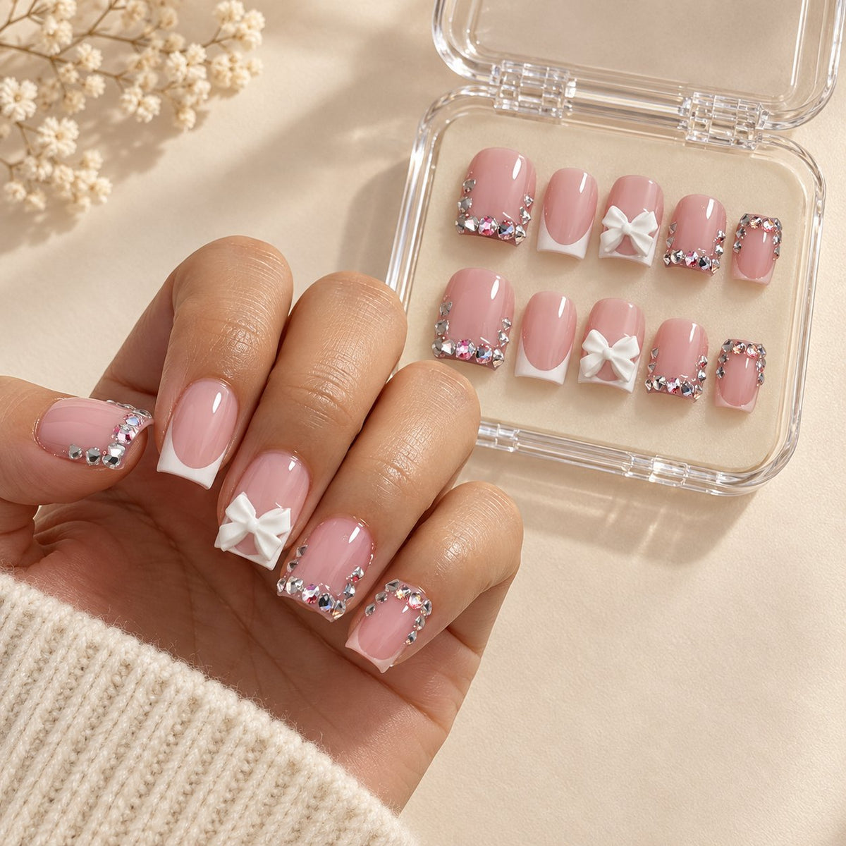 Blush Pink French Tip Nails With 3D White Bows and Rhinestones worn on hand with acrylic storage box
