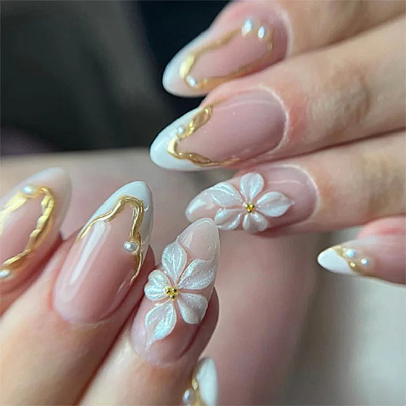 Blush Pink French Tip Nails With 3D White Flowers and Gold Accents