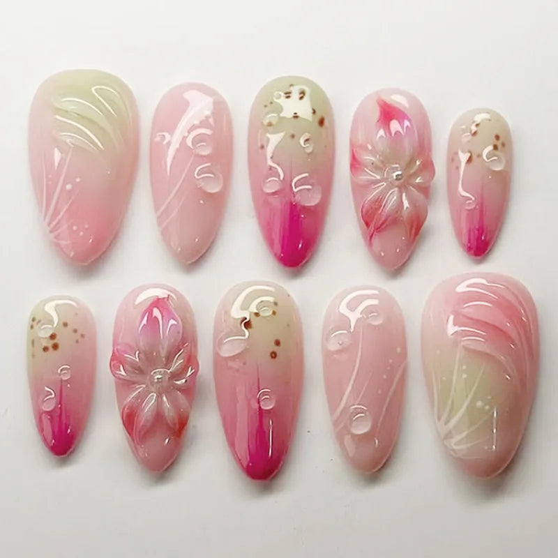 Blush Pink French Tip Nails With 3D White Flowers and Gold Accents