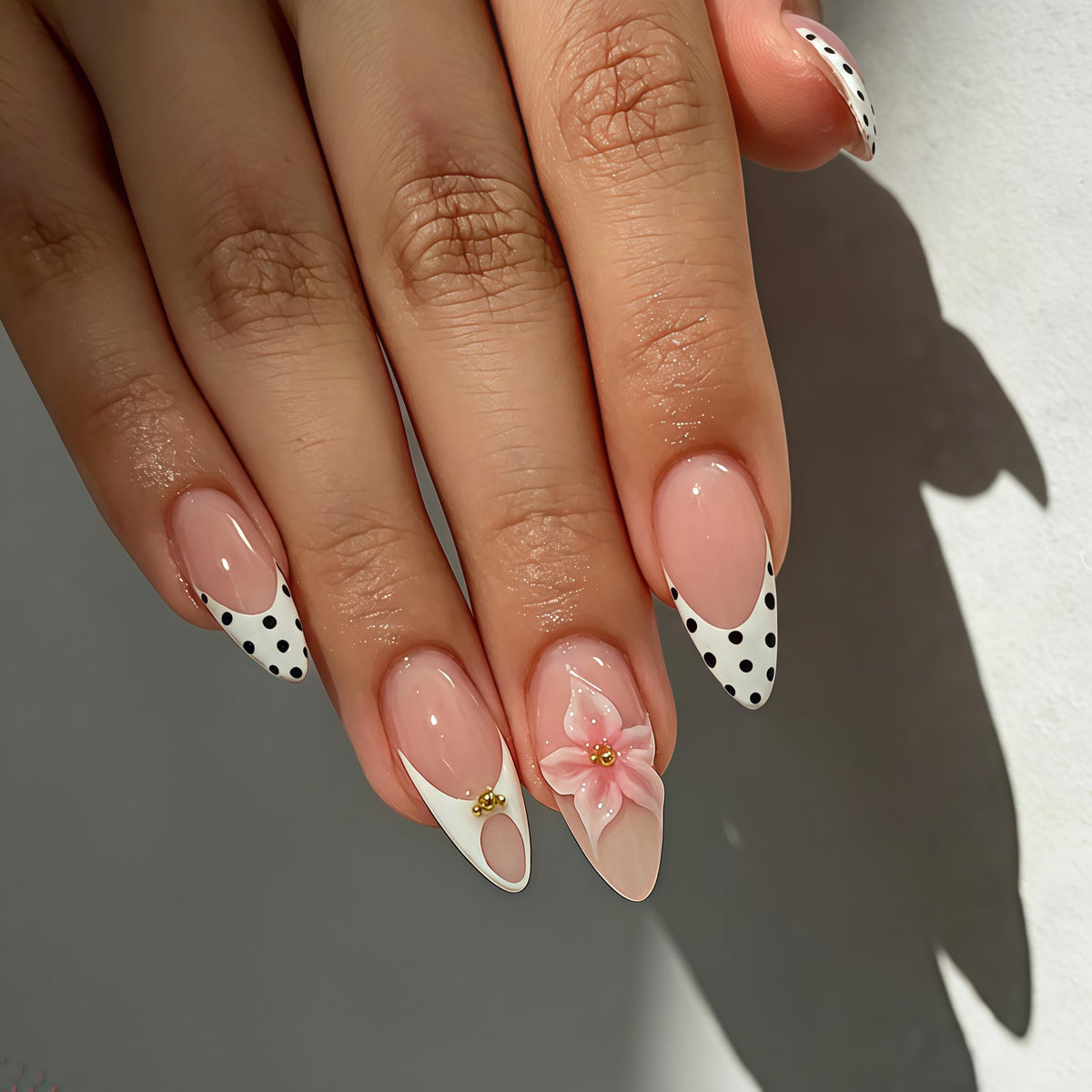 Blush Pink French Tip Press On Nails with Polka Dots and Floral Gold Accents for Spring Weddings