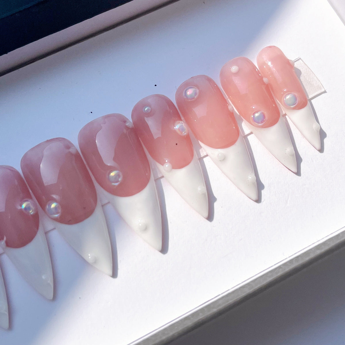 Blush Pink French Tip Press On Nails with Raised Pearl-Like Accents