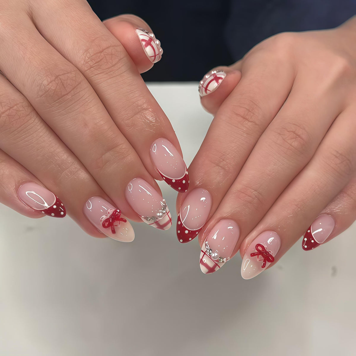 Blush Pink French Tip Press-On Nails with Red Bows, Plaid and Polka Dots