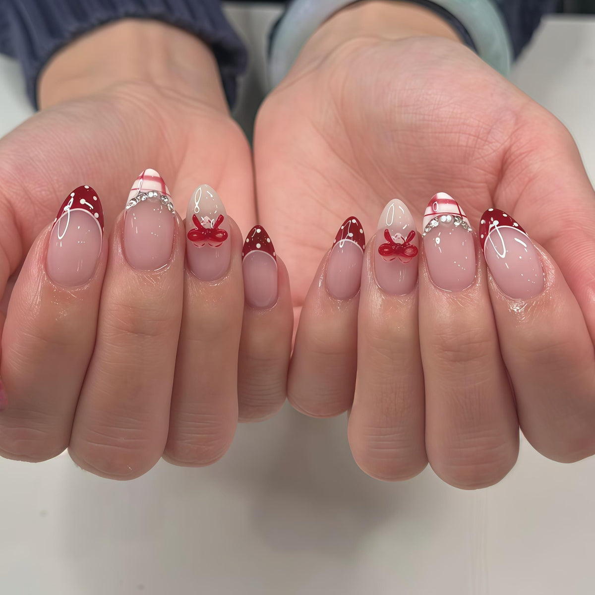 Blush Pink French Tip Press-On Nails with Red Bows, Plaid and Polka Dots