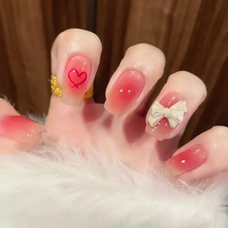 Blush Pink Heart and Bow Press-On Nails with Pearl Accents