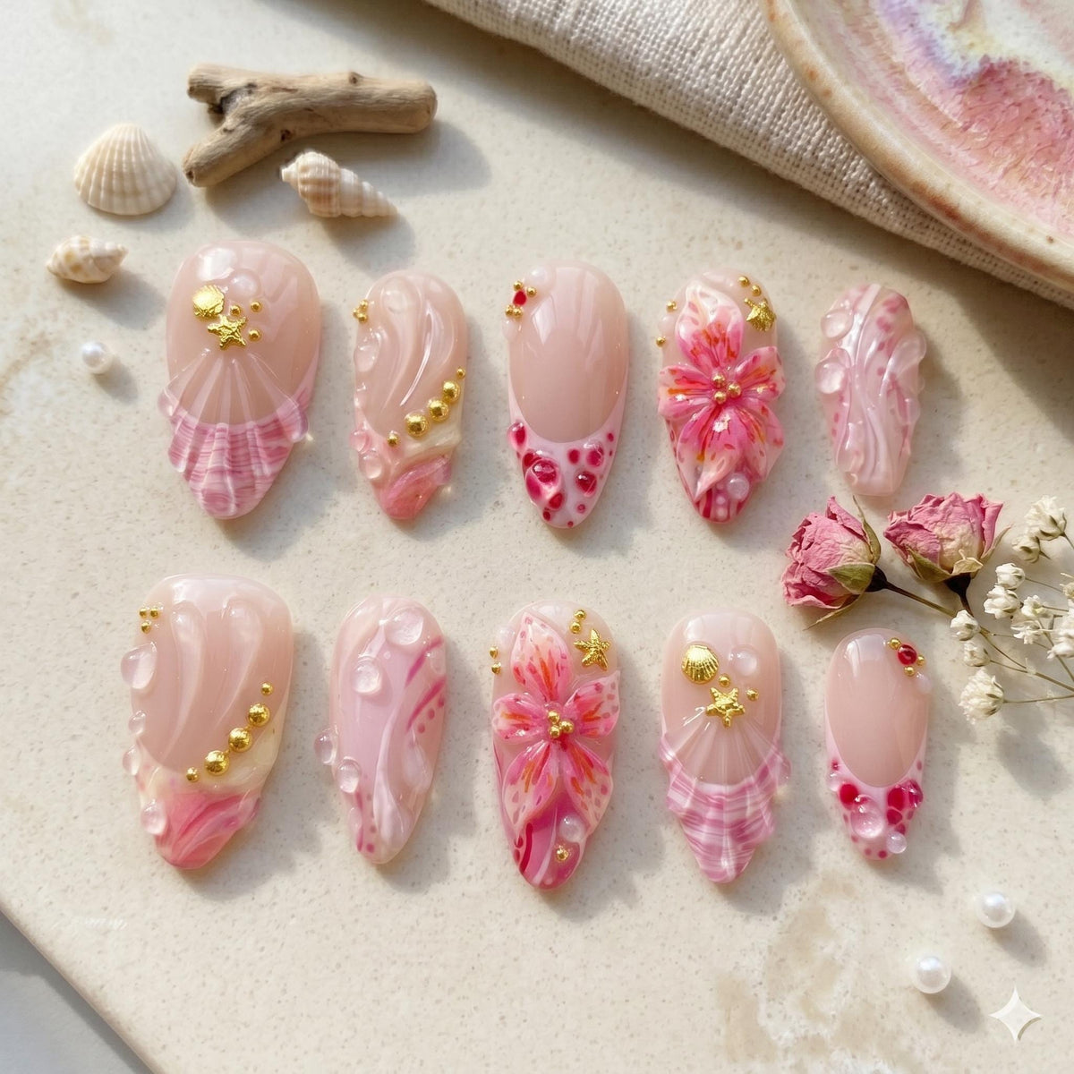 Blush Pink Hibiscus Tropical Beach Press On Nails With Shell Details and Plaid French Tips