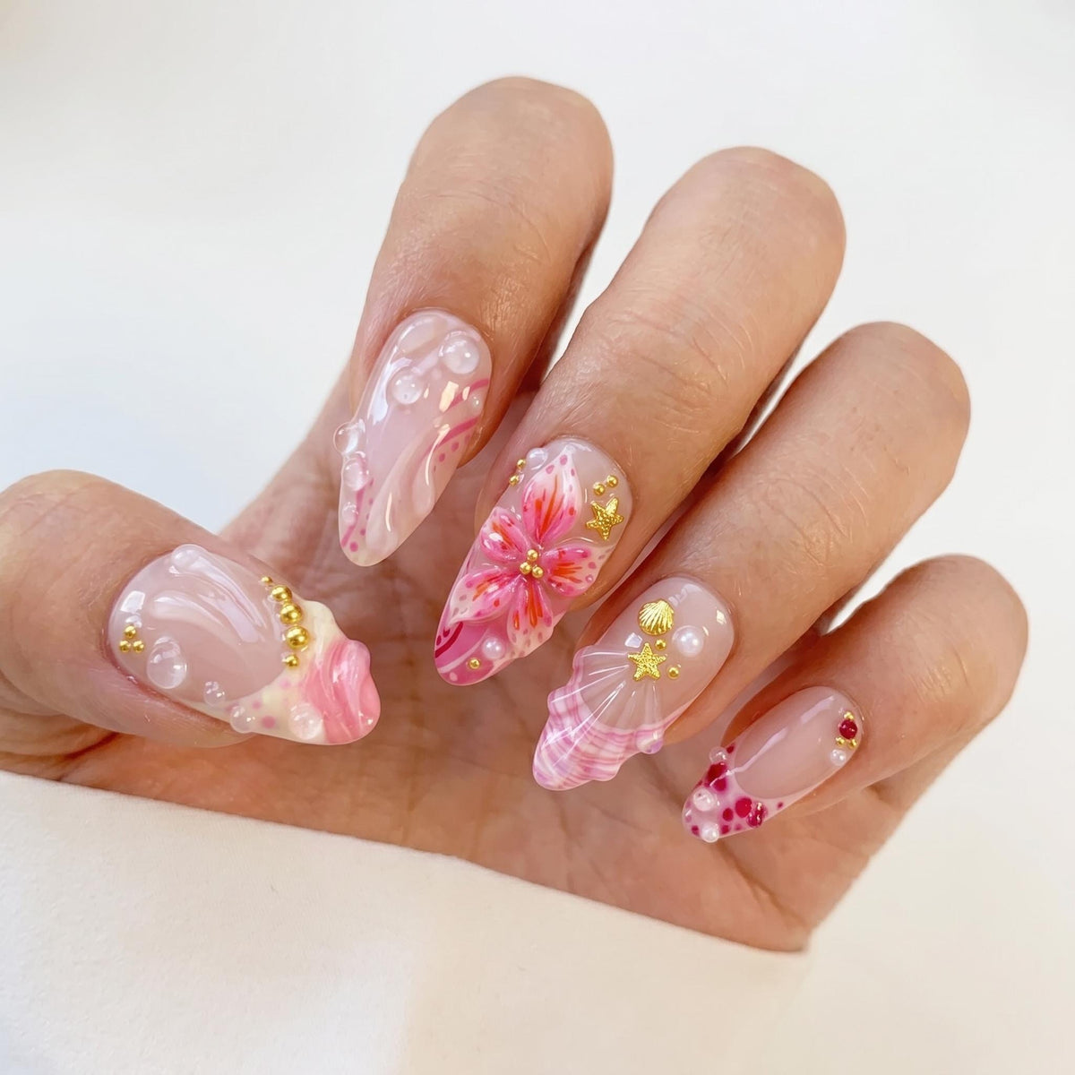 Blush Pink Hibiscus Tropical Beach Press On Nails With Shell Details and Plaid French Tips