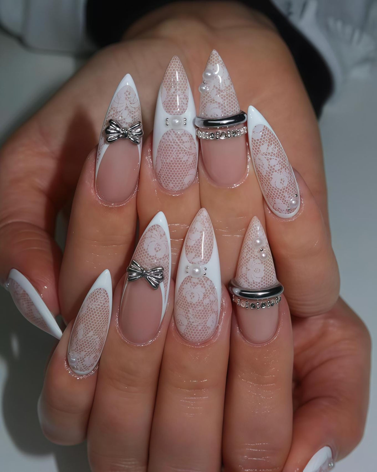 Blush Pink Lace French Tip Bridal Nails With Silver Bows and Rhinestones