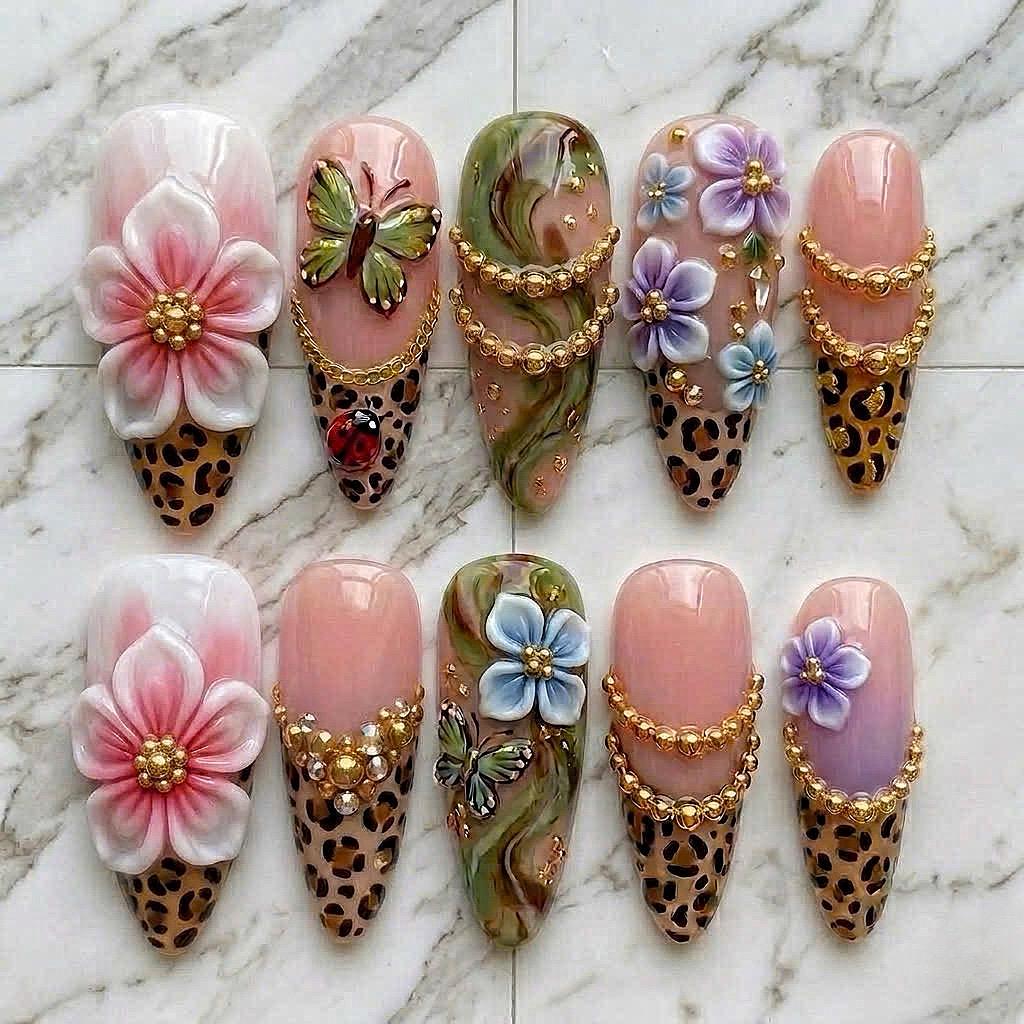 Blush Pink Leopard Print Nails with 3D Flowers, Butterflies and Gold Chain Details