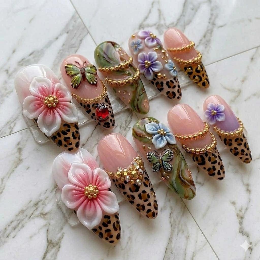 Blush Pink Leopard Print Nails with 3D Flowers, Butterflies and Gold Chain Details