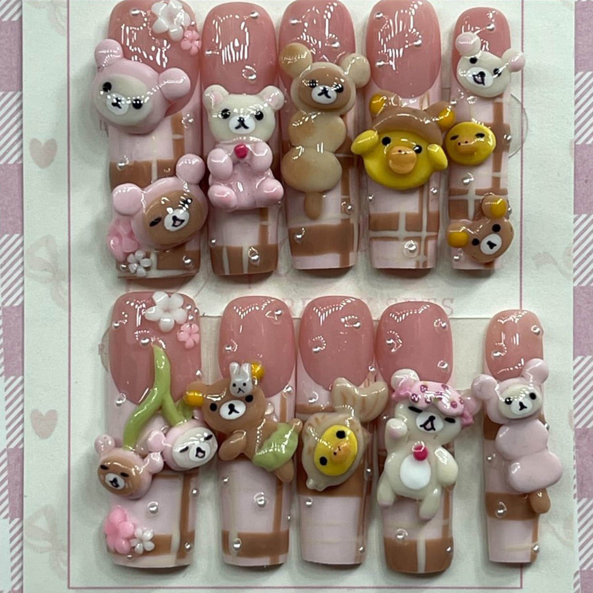 Blush Pink Nails With 3D Teddy Bears, Ducks, Flowers, and Rhinestones
