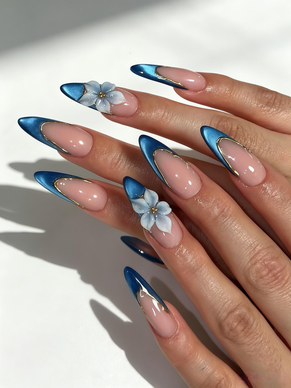 Blush Pink Nails With Blue Metallic French Tips, Gold Liner and 3D Flowers