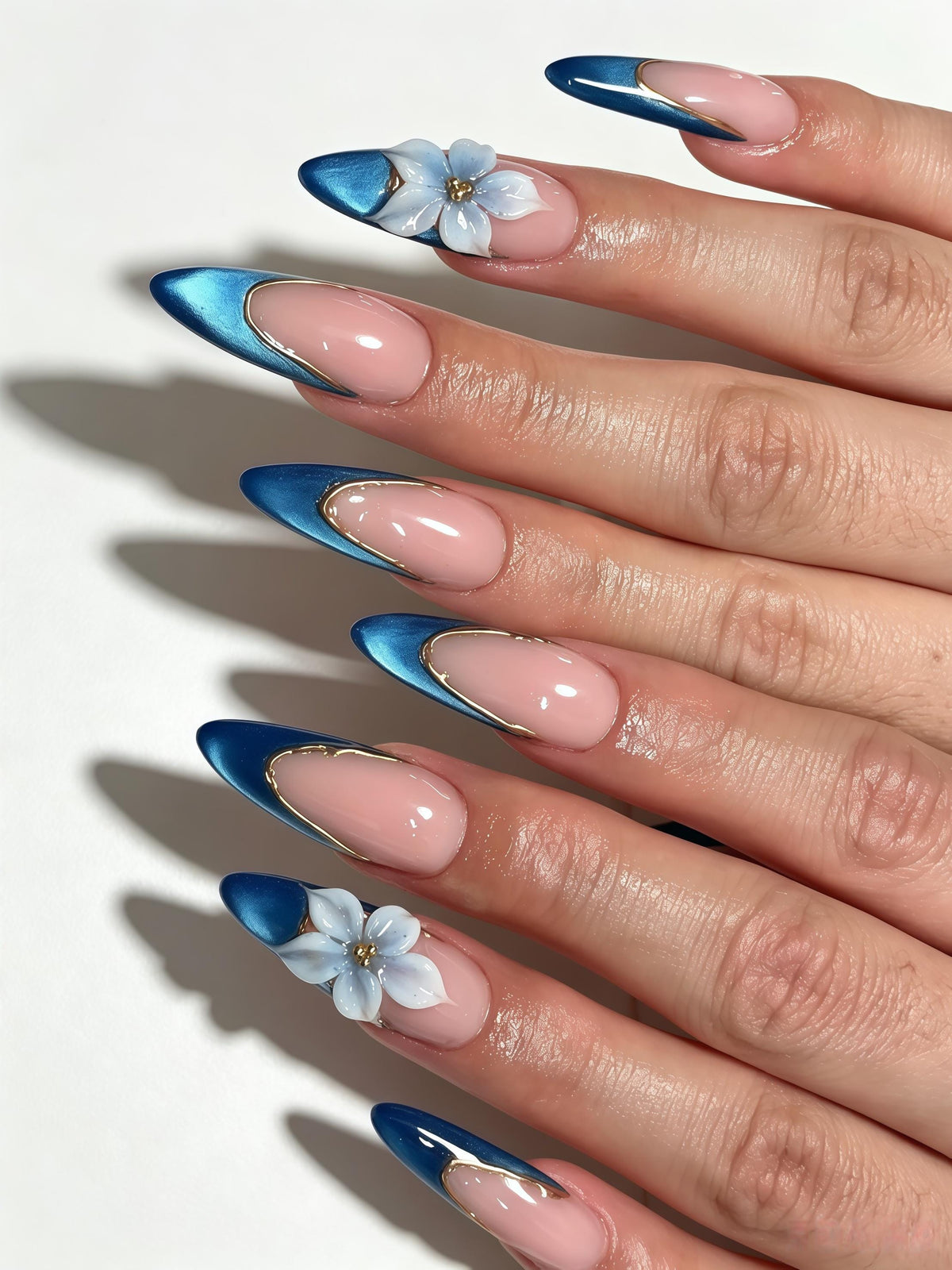 Blush Pink Nails With Blue Metallic French Tips, Gold Liner and 3D Flowers