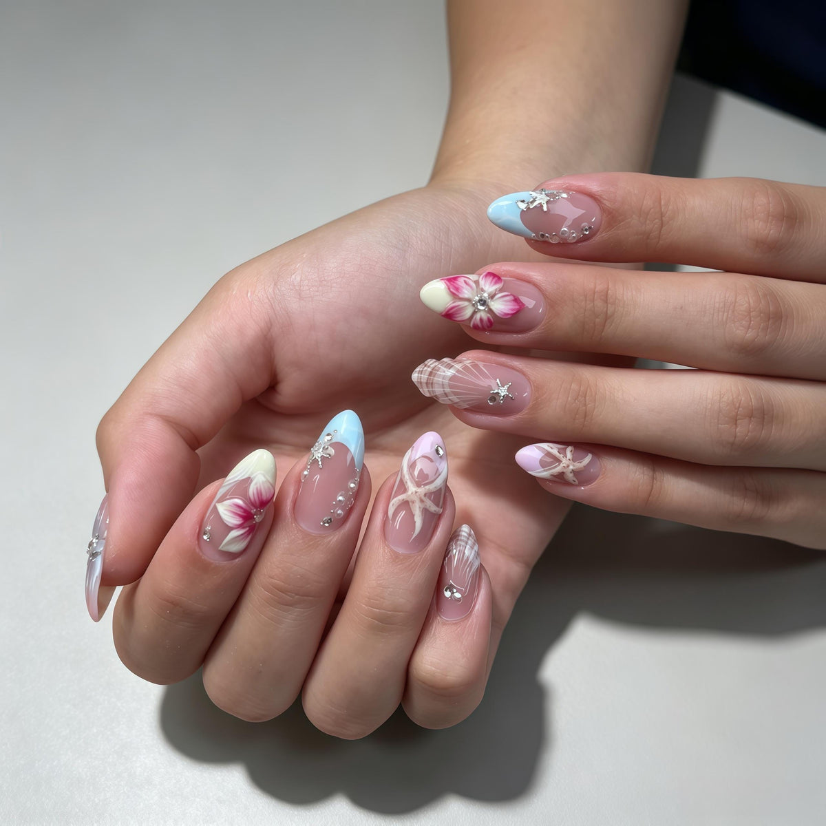 Blush Pink Ocean Nails With 3D Flowers, Shell Swirls, Plaid, and Silver Accents