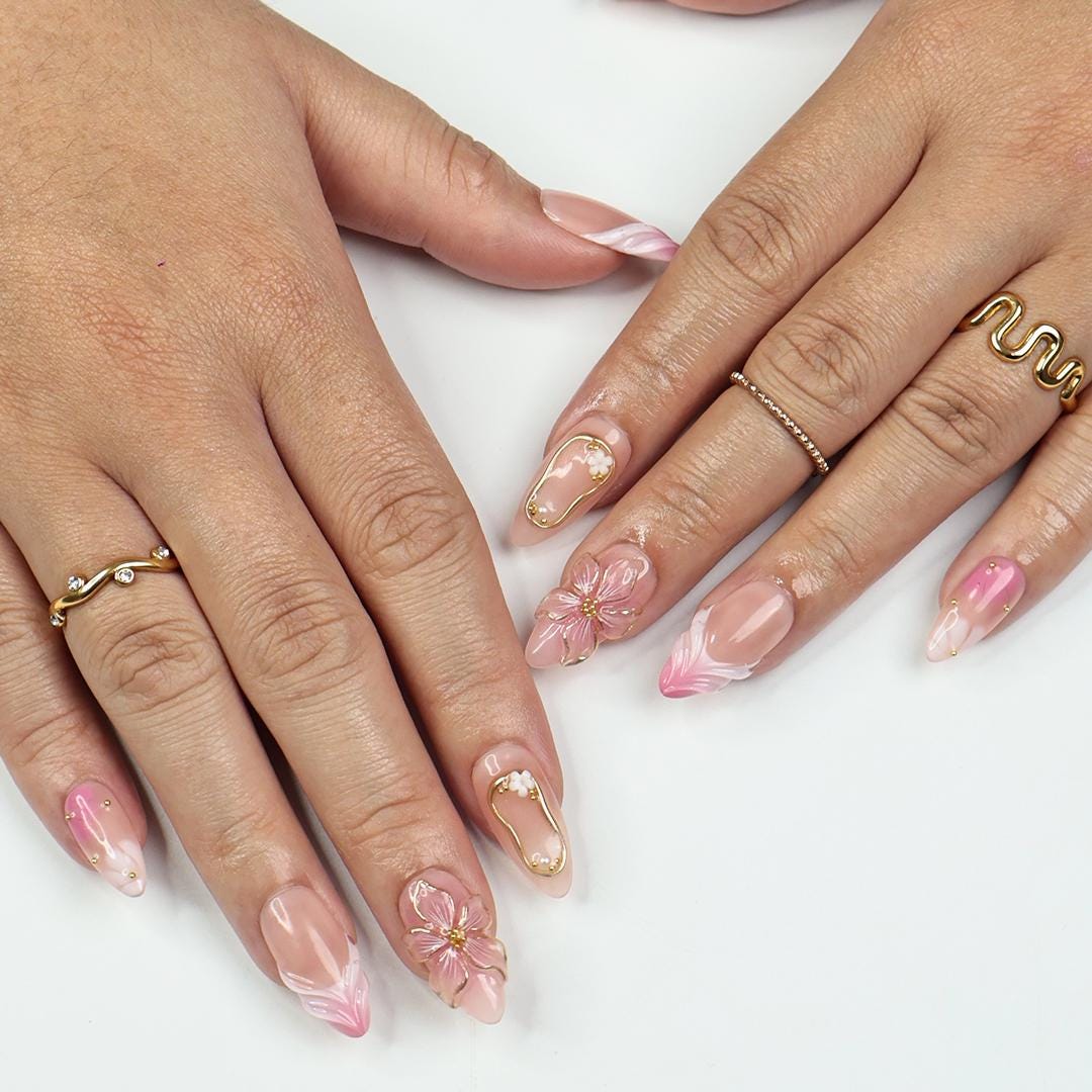Blush Pink Ombré Floral Wedding Press-On Nails with 3D Flowers and Gold Details