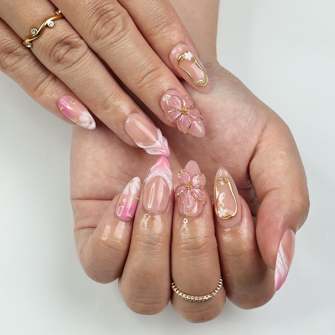 Blush Pink Ombré Floral Wedding Press-On Nails with 3D Flowers and Gold Details