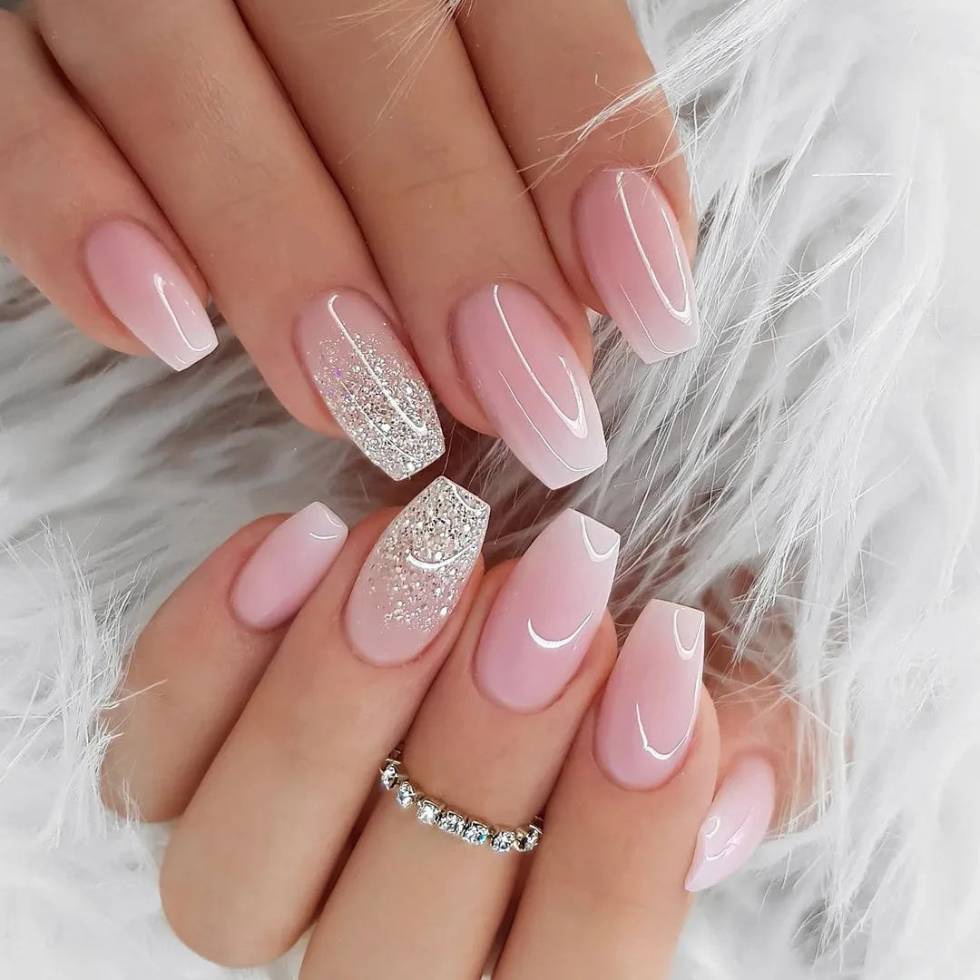 Blush Pink Ombre French Tip Nails With Silver Glitter Accents