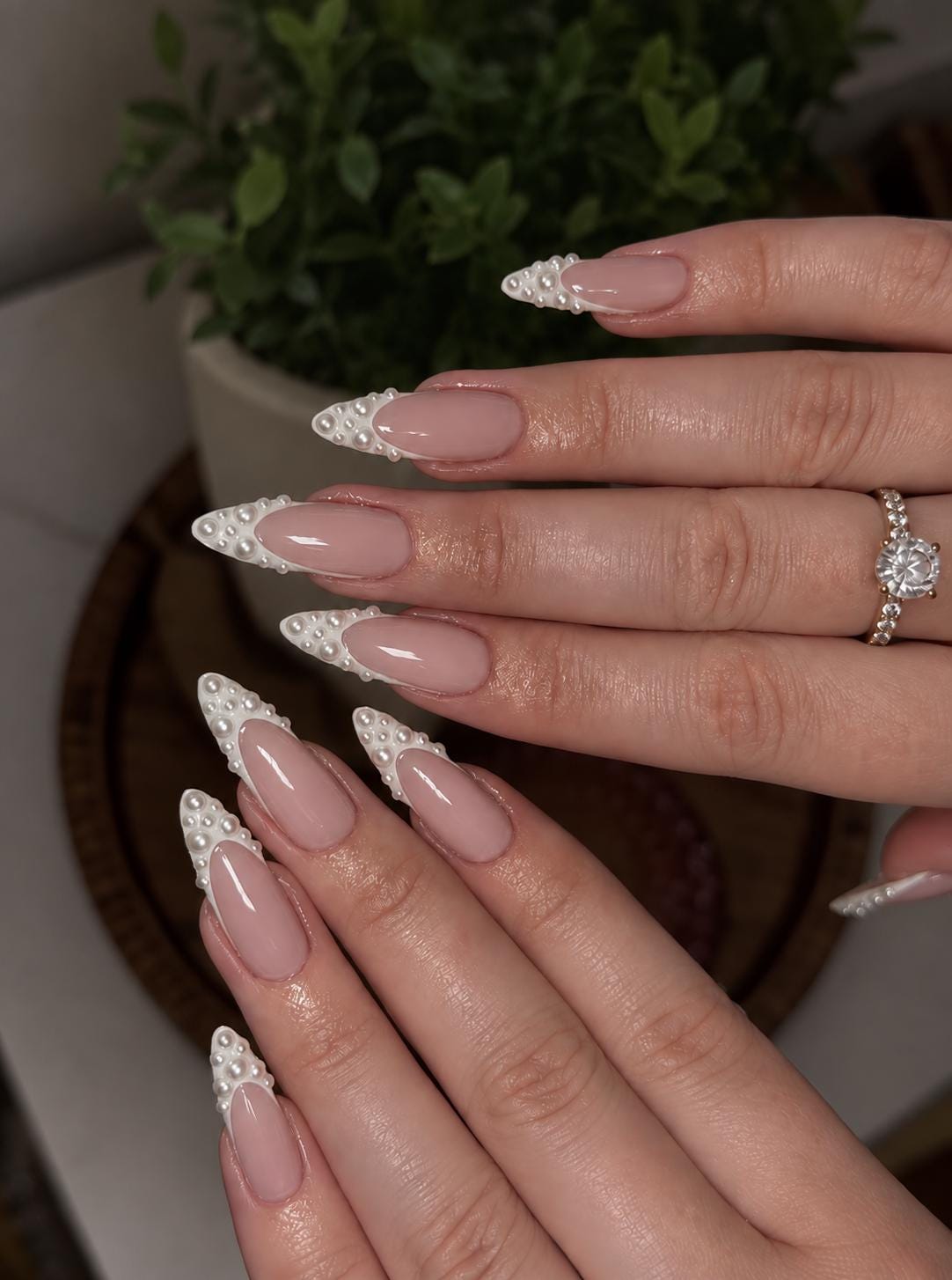 Blush Pink Pearl French Tip Bridal Press On Nails With Crystal Accents