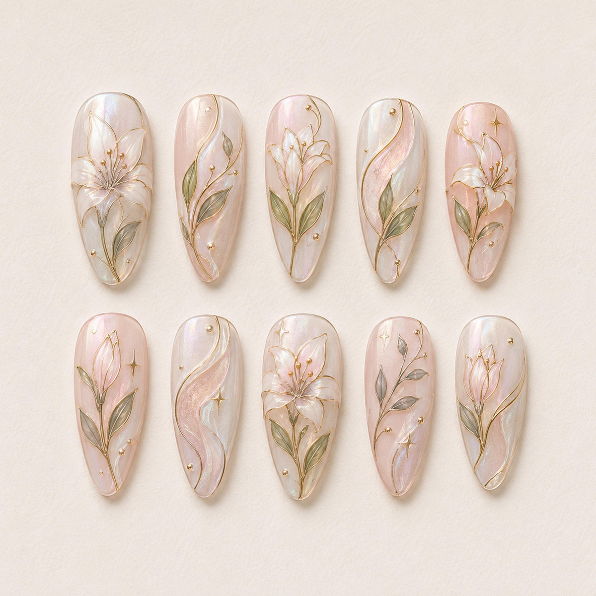 Blush Pink Pearl Lily Flower Bridal Press-On Nail Set With Gold Botanical Details