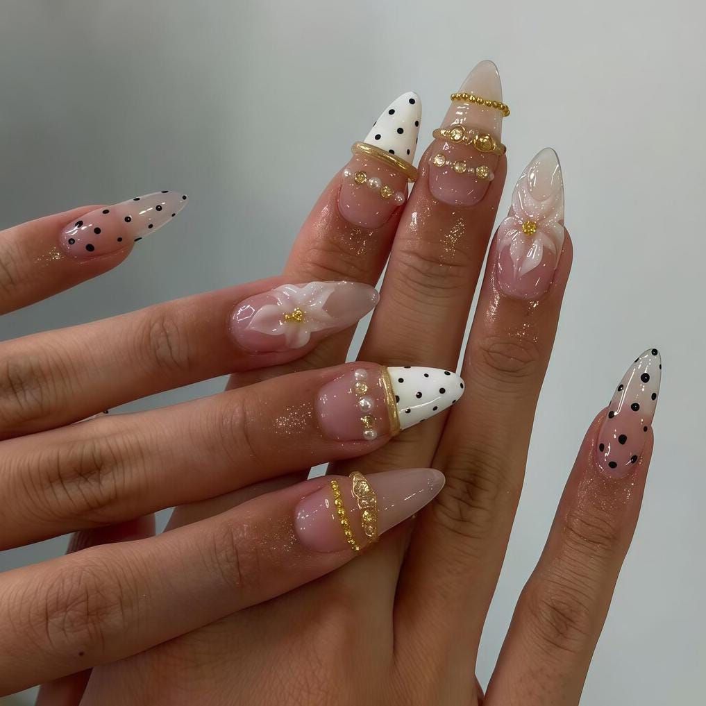 Blush Pink Polka Dot French Tip Nails With Pearl Accents and 3D Flower