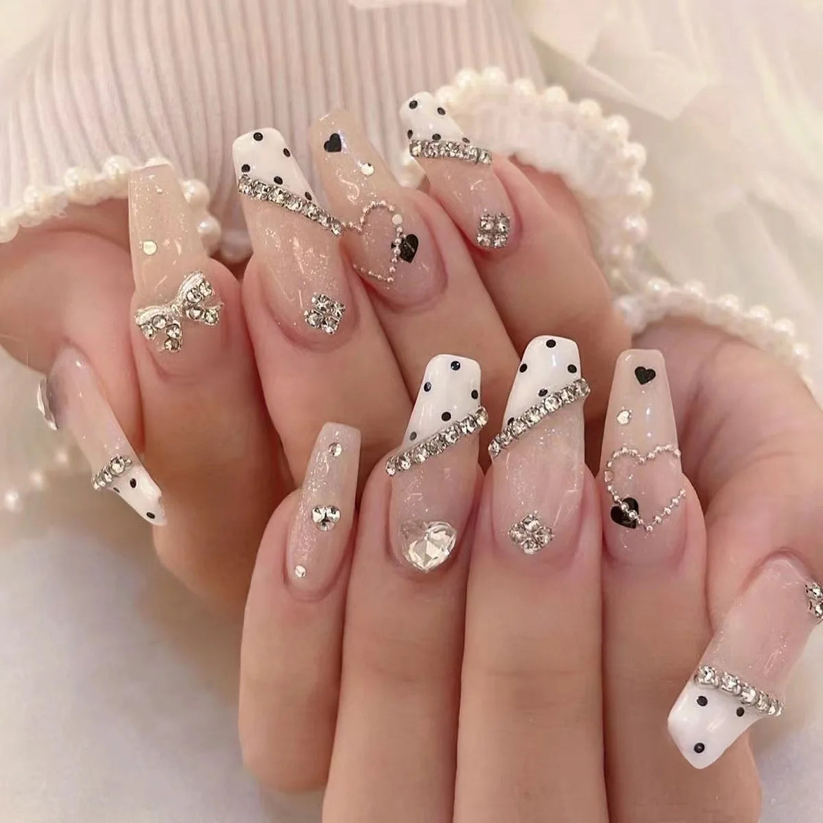 Blush Pink Polka Dot Heart French Tip Nails With Silver Rhinestones