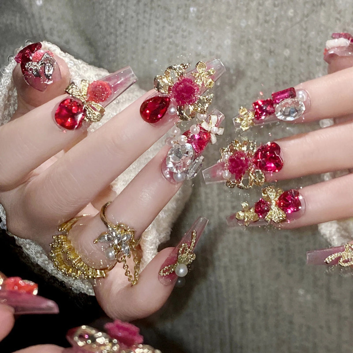Blush Pink Press-On Nails with Red Gems and Gold Floral Filigree