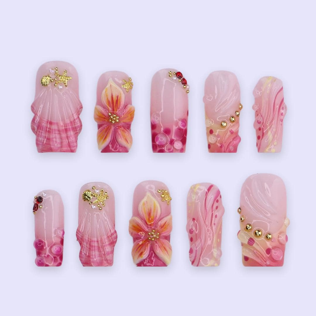 Blush Pink Seashell Floral Press On Nails With Gold Starfish Accents