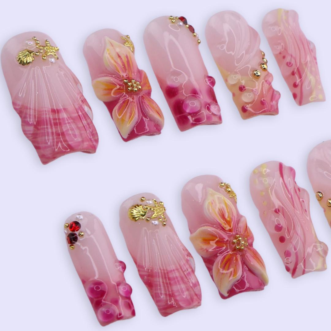 Blush Pink Seashell Floral Press On Nails With Gold Starfish Accents