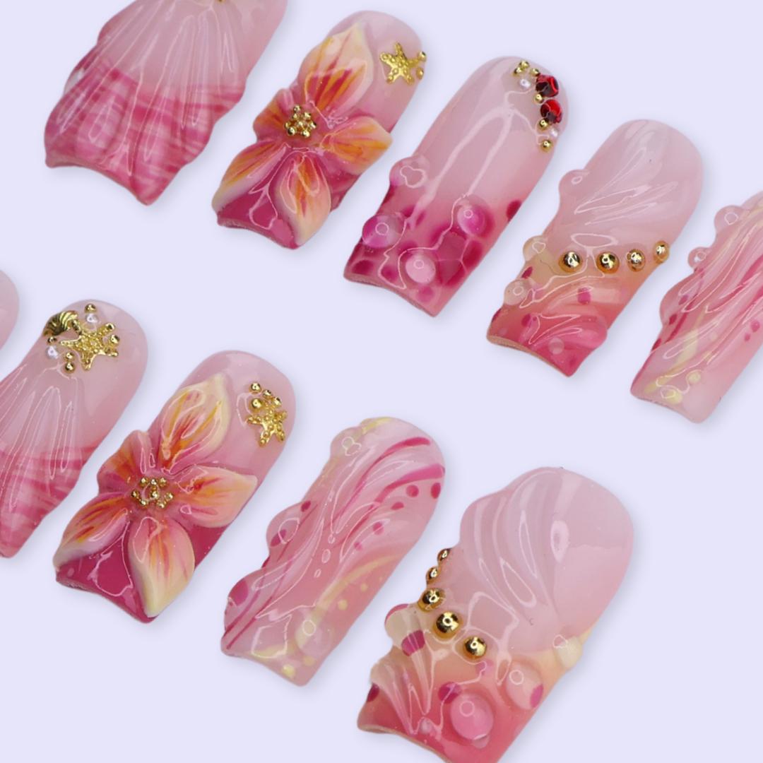 Blush Pink Seashell Floral Press On Nails With Gold Starfish Accents