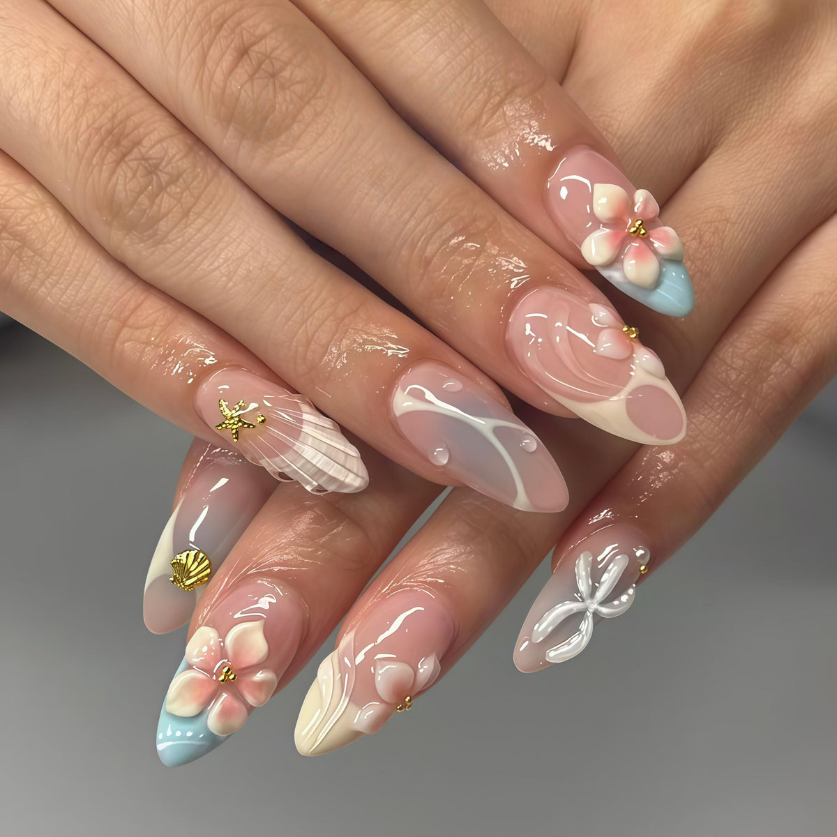 Blush Pink Shell and Flower Nail Set with Pale Blue Accents and Gold Charms, Summer Beach Style