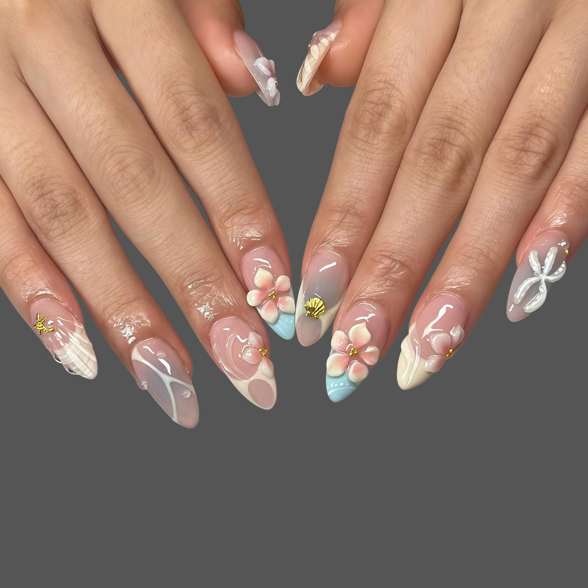 Blush Pink Shell and Flower Nail Set with Pale Blue Accents and Gold Charms, Summer Beach Style