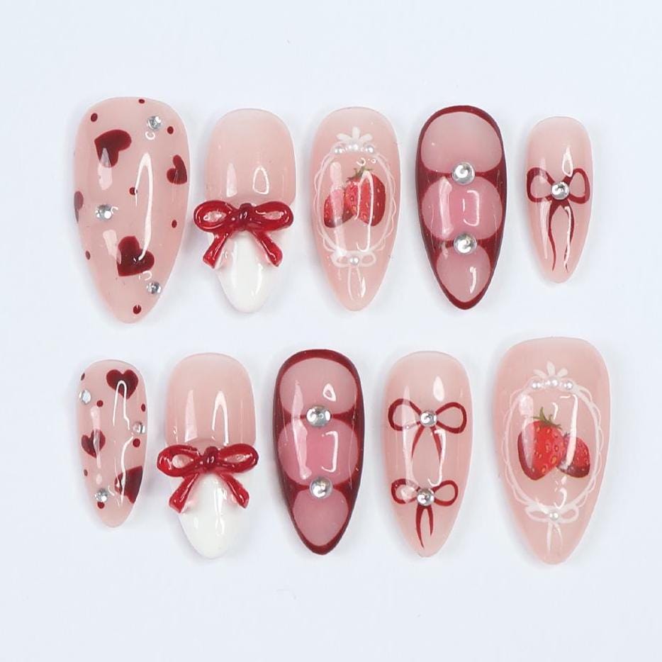 Blush Pink Strawberry Press-On Nails with Burgundy Bows, Hearts & Rhinestones