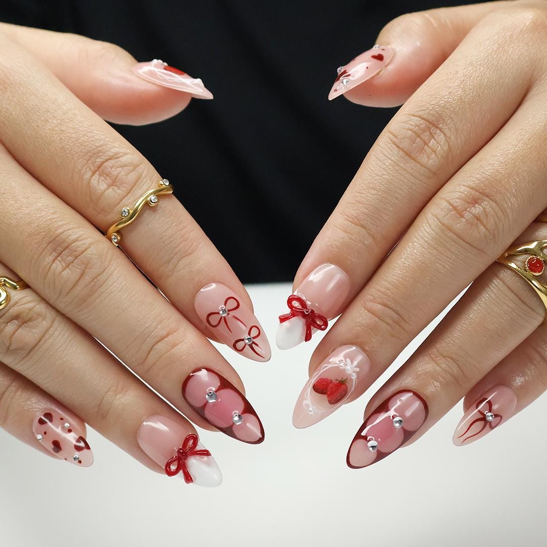Blush Pink Strawberry Press-On Nails with Burgundy Bows, Hearts & Rhinestones