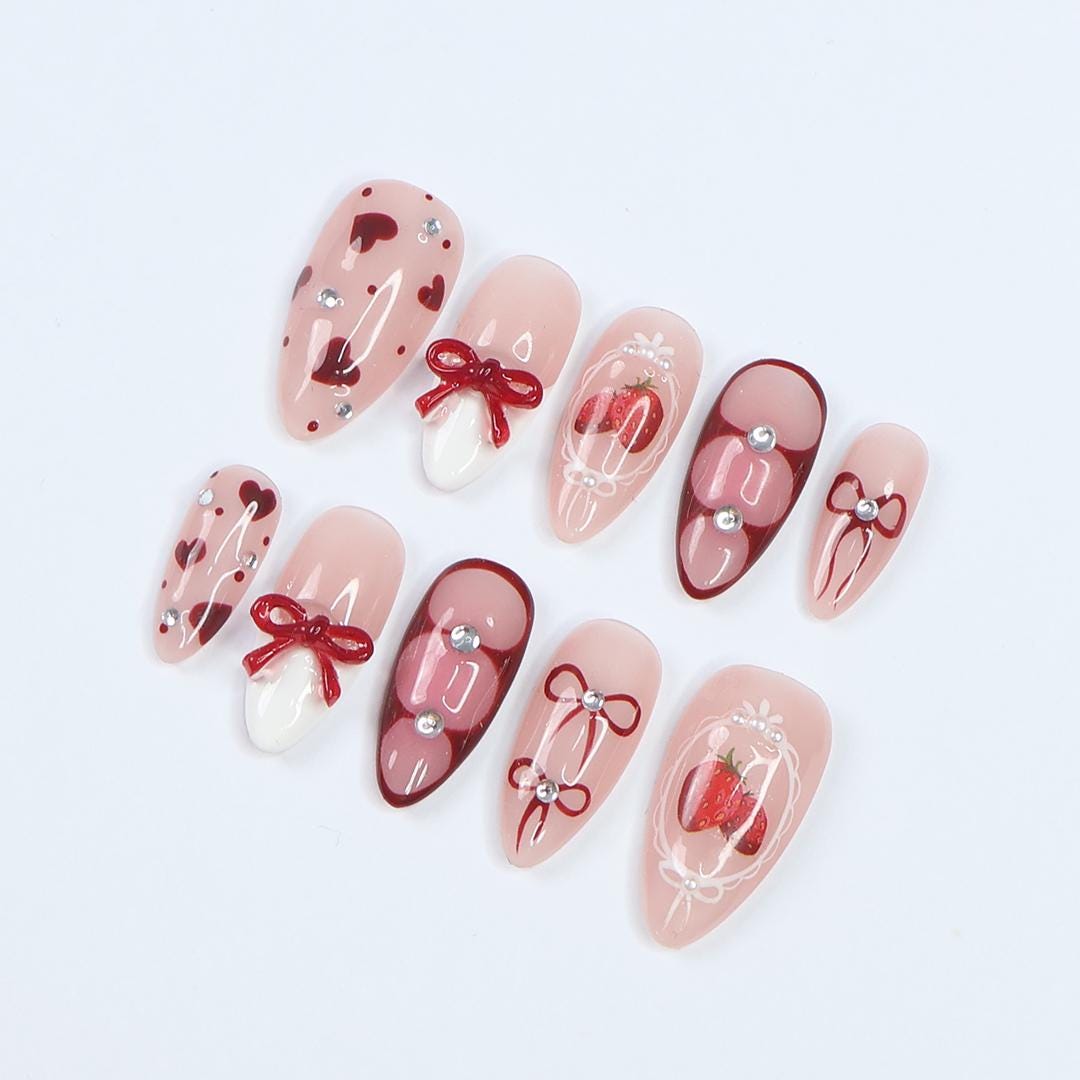 Blush Pink Strawberry Press-On Nails with Burgundy Bows, Hearts & Rhinestones