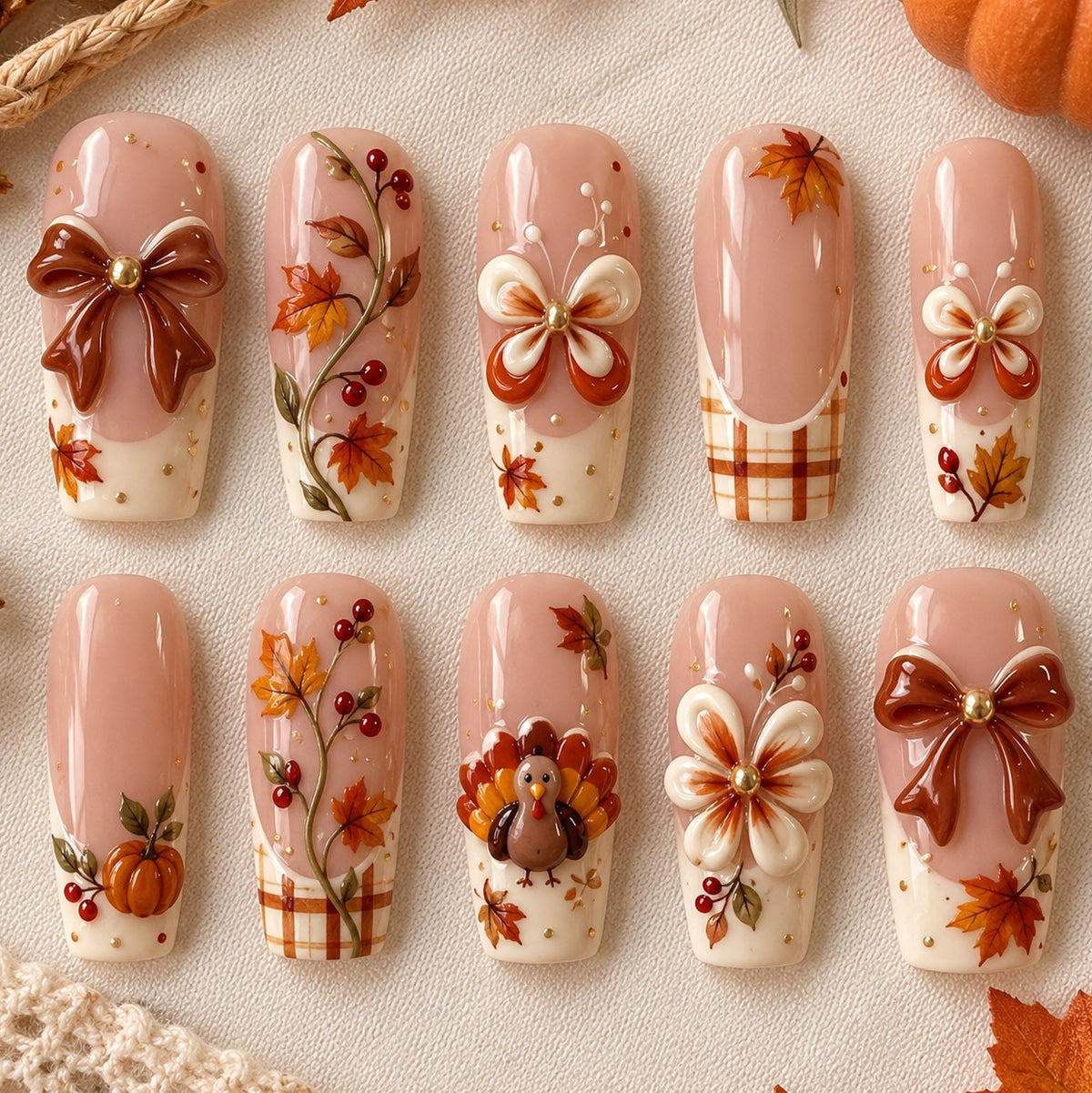 Blush Pink Thanksgiving Nails With Autumn Leaves, Plaid, Pumpkins, Turkey and 3D Bows