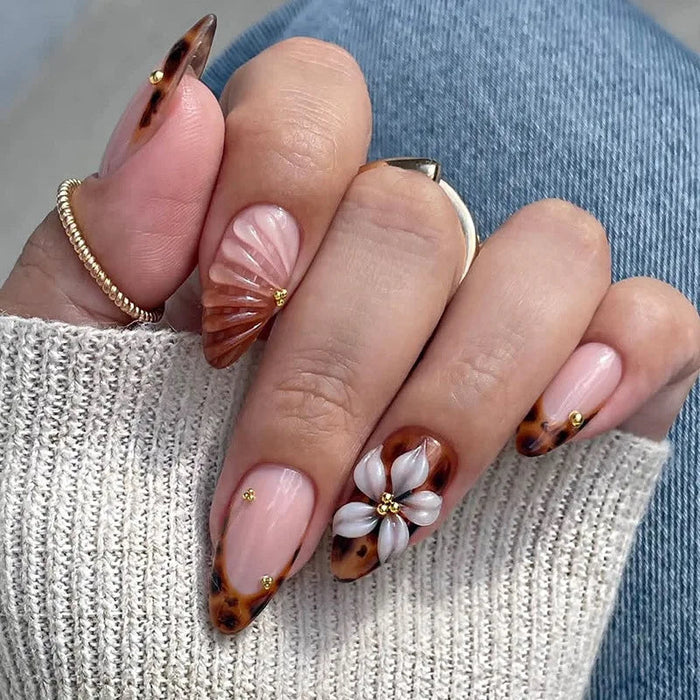 Blush Pink Tortoiseshell French Tip Press On Nails With 3D Flowers and Gold Studs