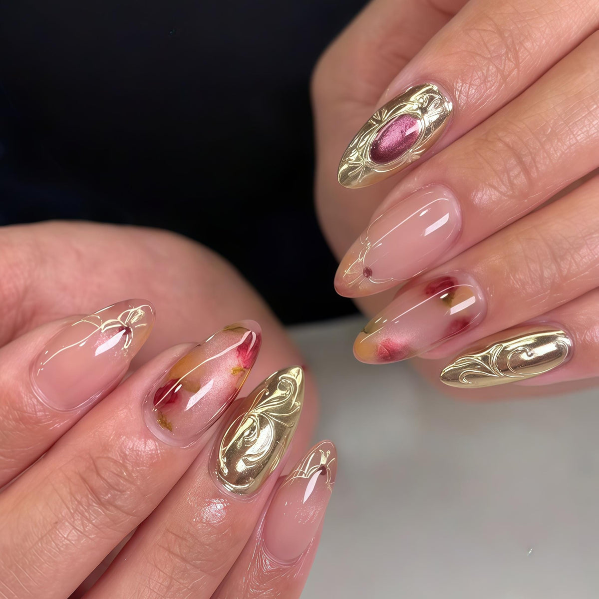 Blush Pink Wedding Nails With Gold Filigree and Burgundy Stone Details