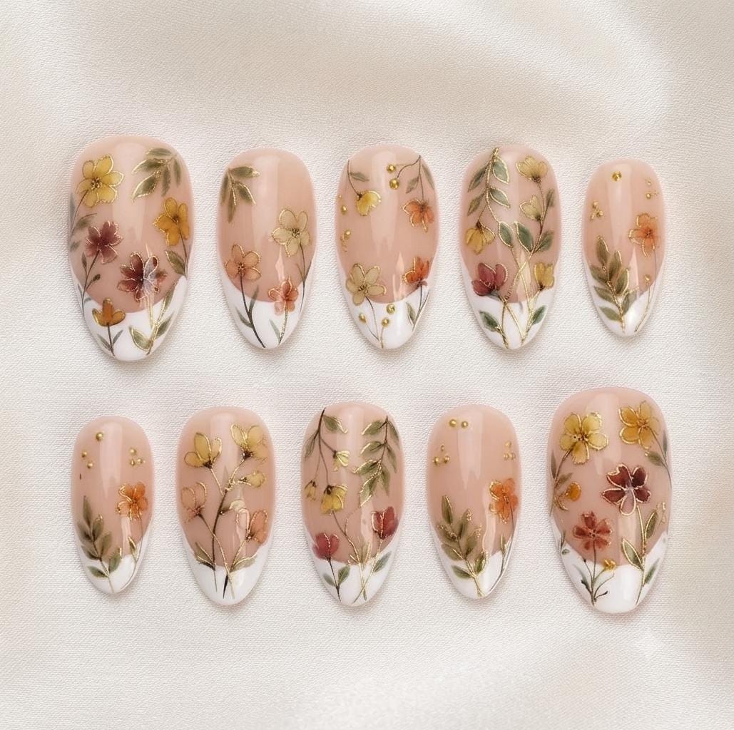 Botanical Floral French Tip Press-On Nails with Gold Dot Accents