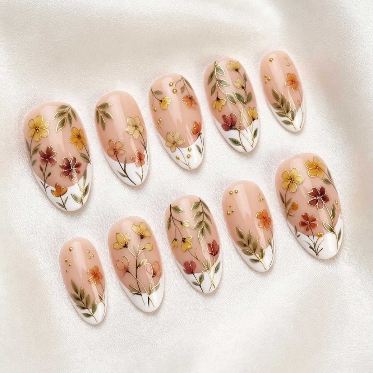 Botanical Floral French Tip Press-On Nails with Gold Dot Accents