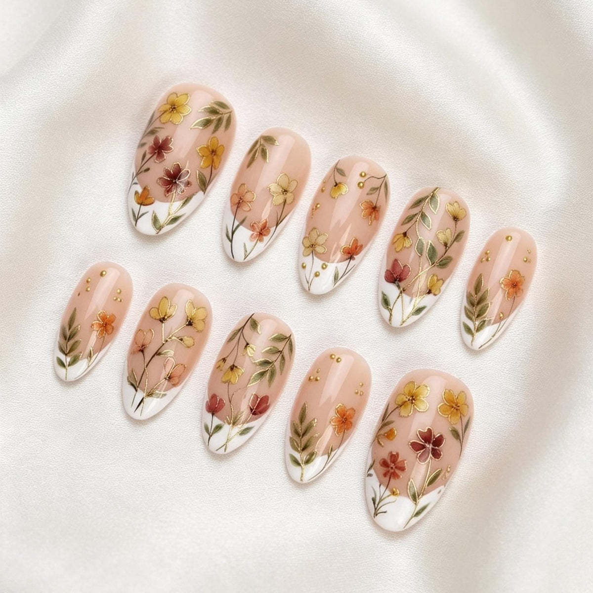 Botanical Floral French Tip Press-On Nails with Gold Dot Accents
