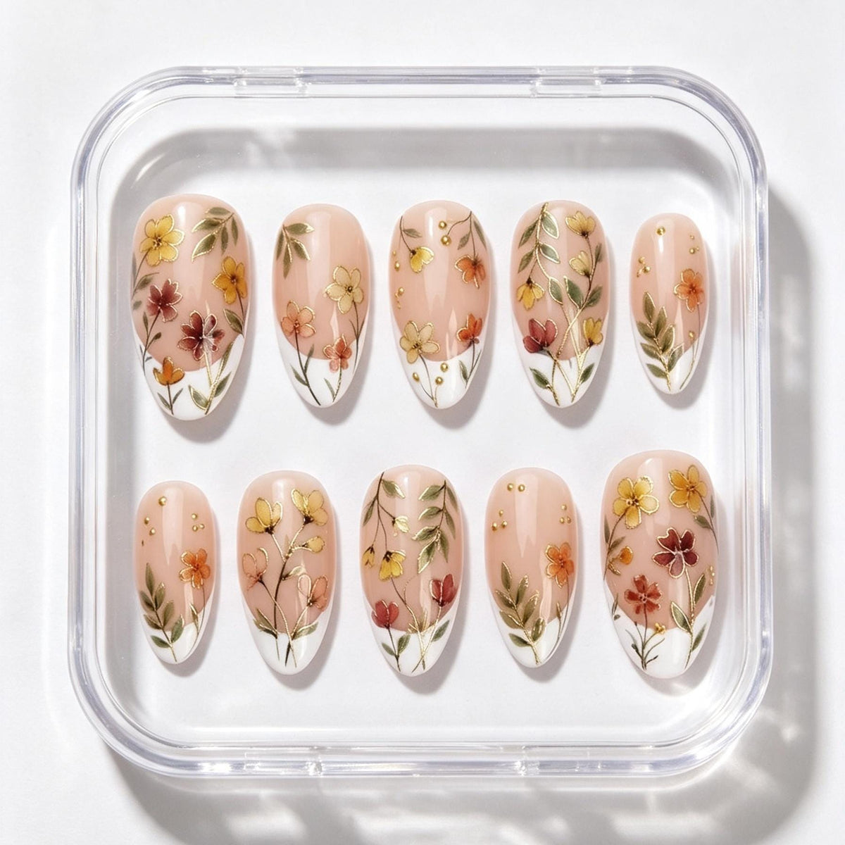 Botanical Floral French Tip Press-On Nails with Gold Dot Accents