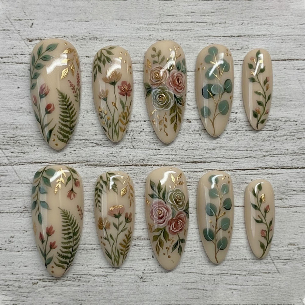 Botanical Rose and Eucalyptus Press On Nails with Gold Accents