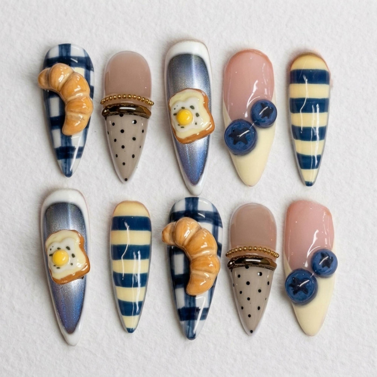Breakfast Brunch Press On Nails With 3D Croissants, Egg Toast and Blueberries