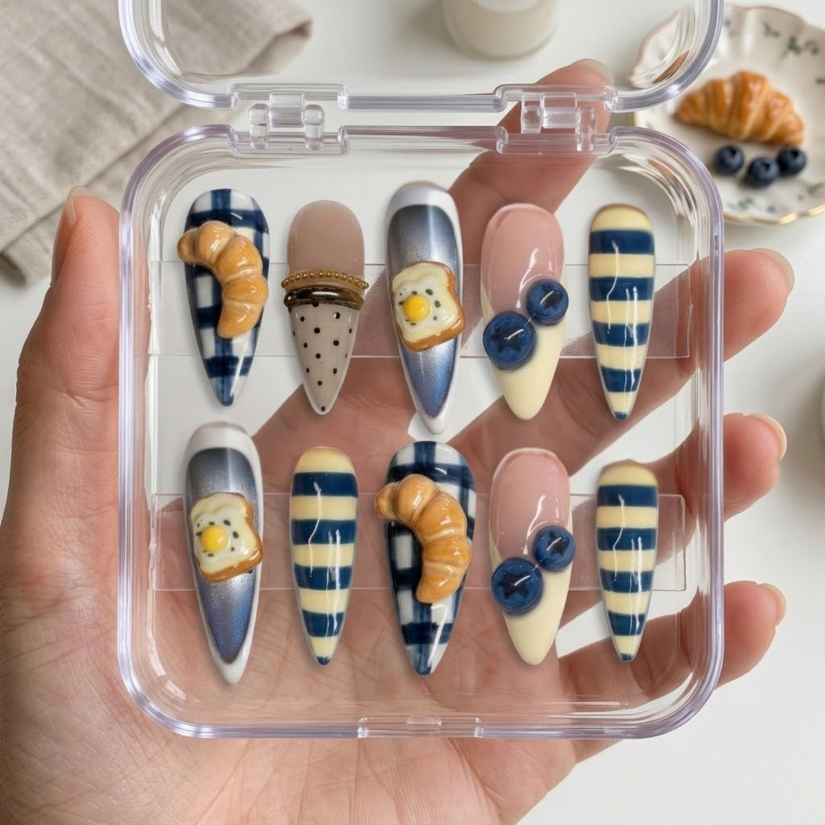 Breakfast Brunch Press On Nails With 3D Croissants, Egg Toast and Blueberries