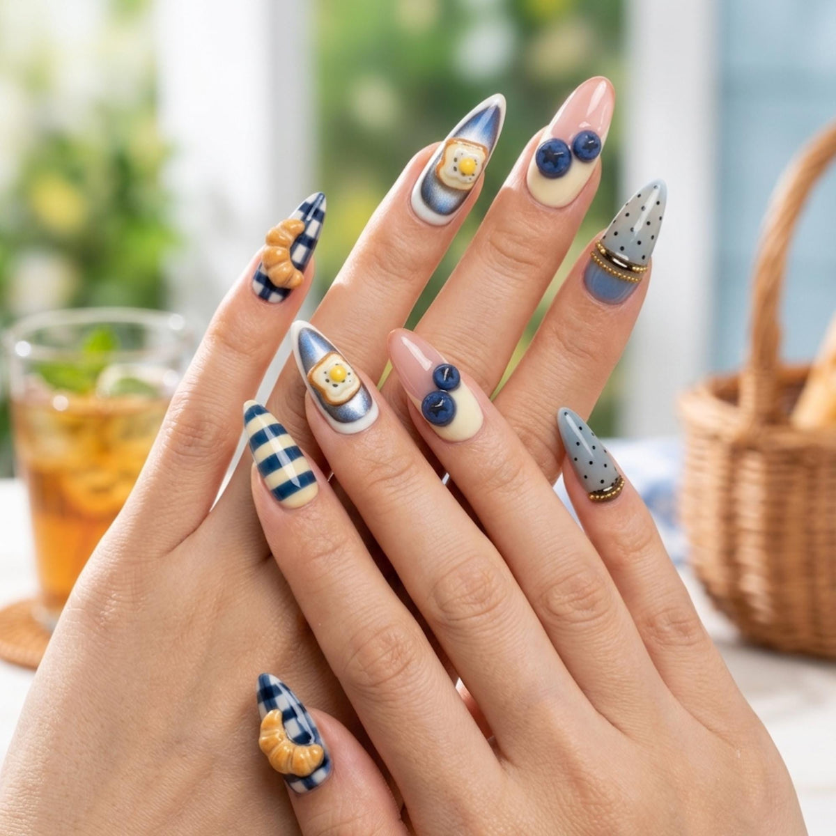 Breakfast Brunch Press On Nails With 3D Croissants, Egg Toast and Blueberries
