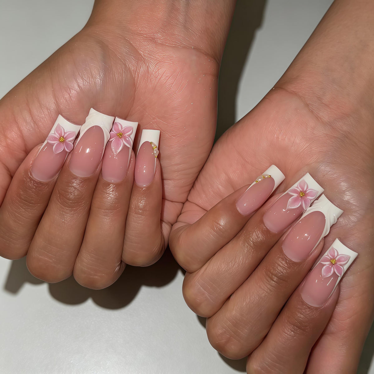 Bridal Nude Pink French Tip Nails With Raised Pink Flowers and Gold Details