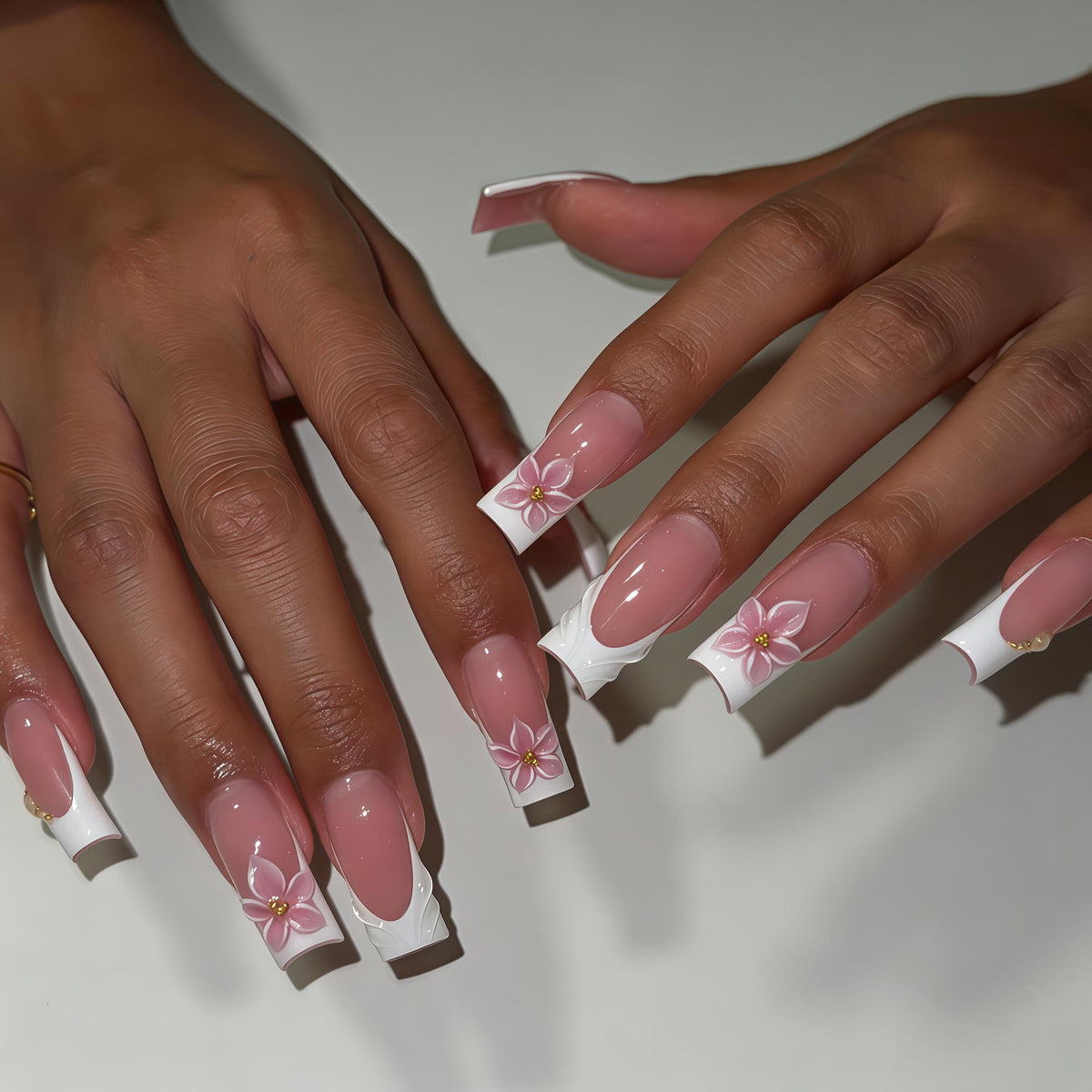 Bridal Nude Pink French Tip Nails With Raised Pink Flowers and Gold Details