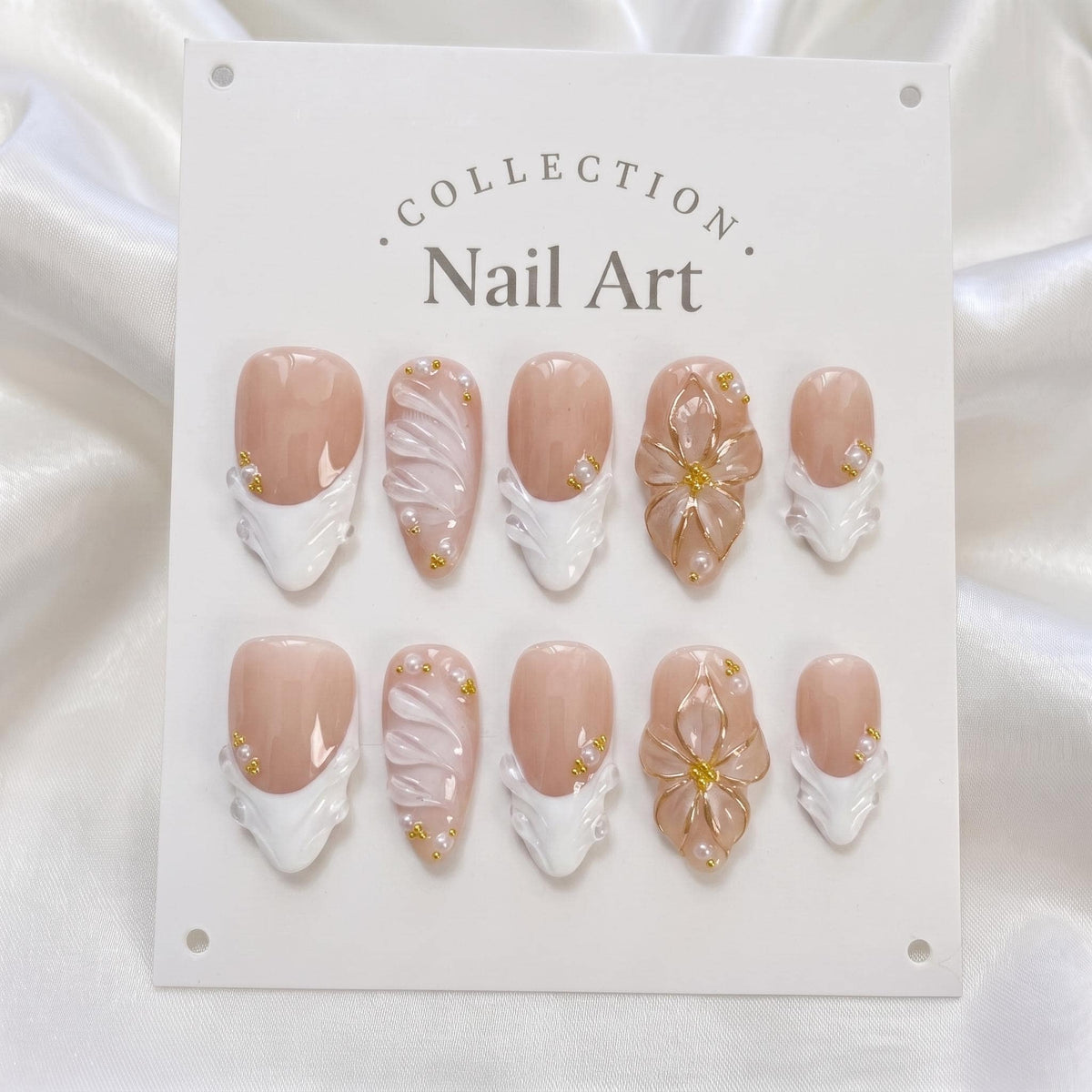 Bridal Sheer Nude Pink Nails with White Wave French Tips and Gold Floral Details